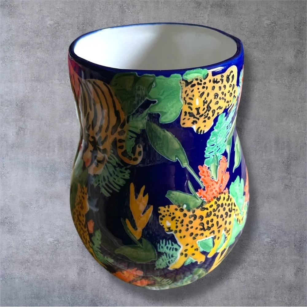 Anthropologie Leah Reena Goren Blue Tiger Cheetah Cat Flora Fauna Ceramic Vase